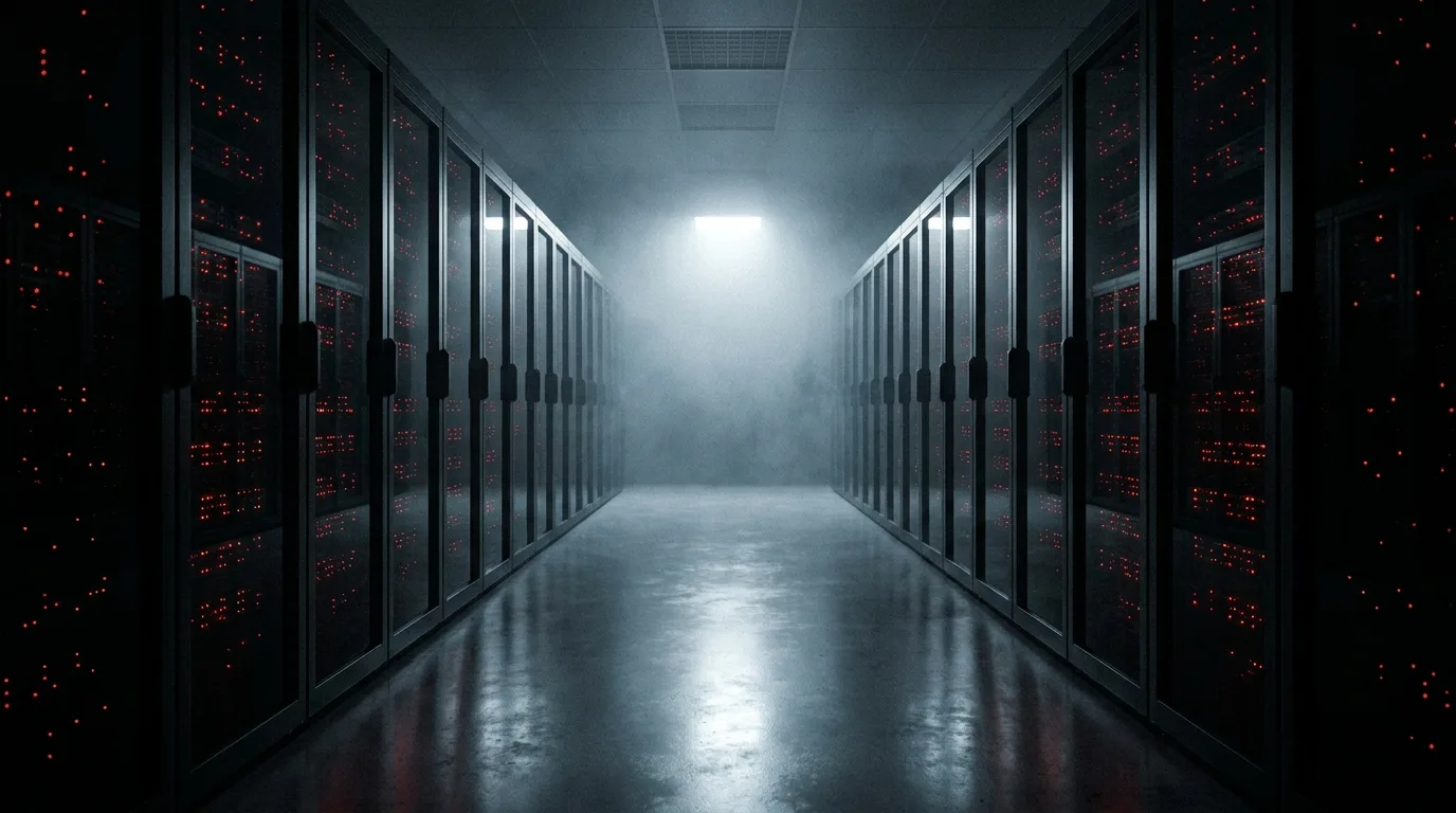 Dark data centre corridor with red status lights